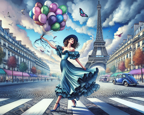 Whimsical Parisian Scene with Woman and Balloons