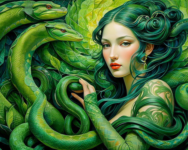 Woman with Green Hair and Snakes in Nature Setting