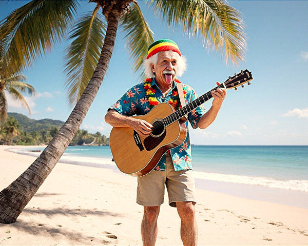 Einstein in Colorful Attire Playing Guitar at Beach