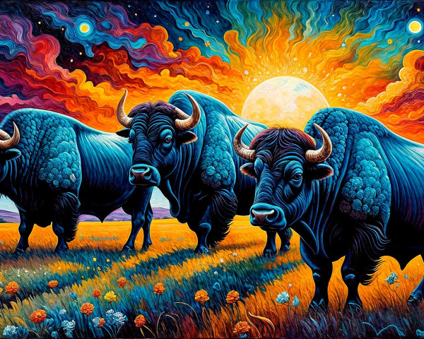 Stylized Blue Bison in Colorful Landscape Scene