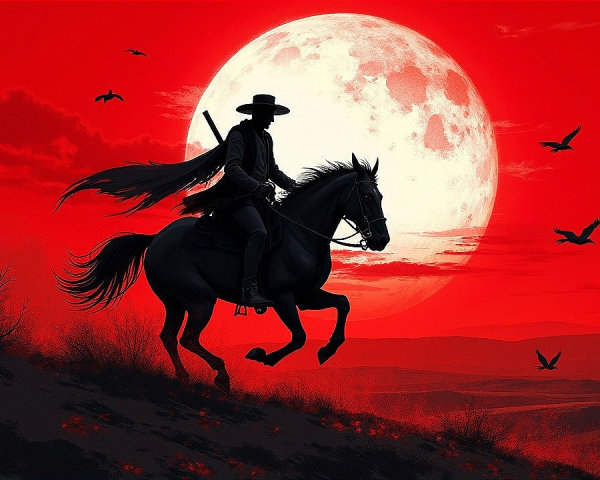 Cowboy Silhouette Against Red Sky and Full Moon