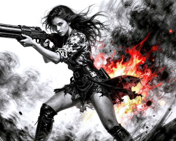Teenage Girl with Assault Rifle in Action Illustration