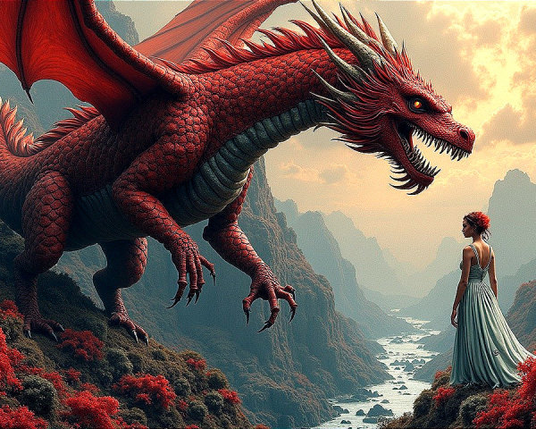Majestic red dragon and woman in dramatic landscape