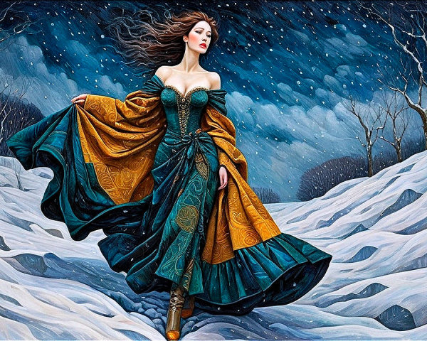 Elegant figure in gown in snowy twilight landscape