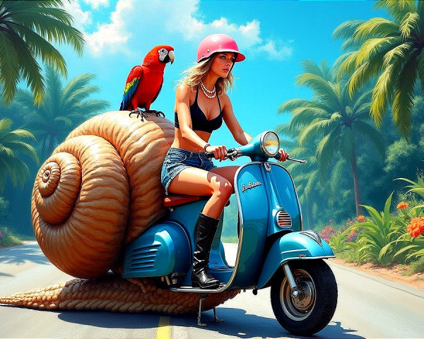 Woman on Vintage Scooter with Snail Shell Design