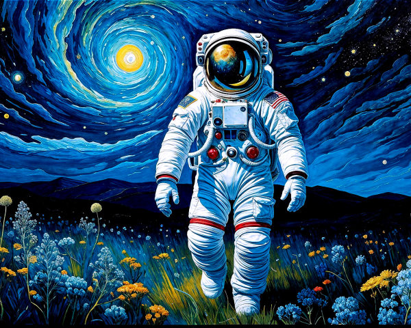 Astronaut in a surreal landscape of vibrant flowers