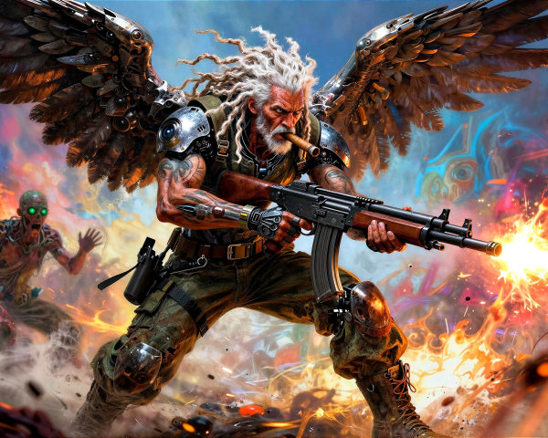 Older Male Warrior with Metallic Wings and Assault Rifle