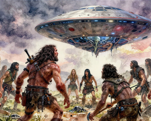 Watercolor Painting of Tribal Figures Under UFO