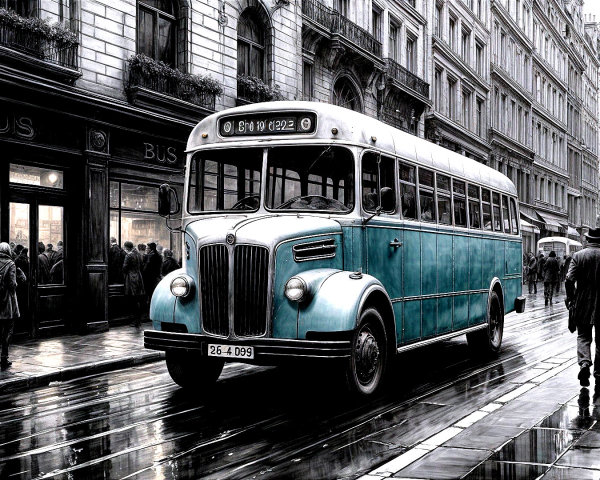 Vintage Blue and White Bus on Rainy City Street