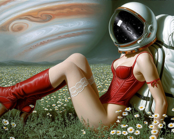 Futuristic figure in red outfit in daisy field with Jupiter