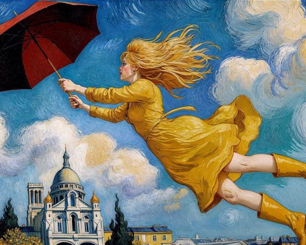 Whimsical Scene of a Woman Soaring in a Colorful Sky