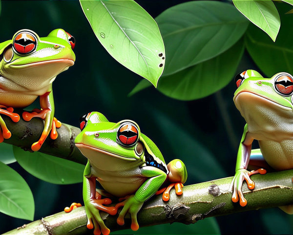 Colorful Tree Frogs on a Branch in Tropical Setting