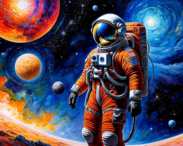 Astronaut in Orange Suit in Colorful Cosmic Landscape