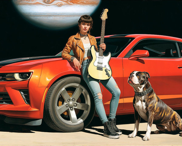 Young Woman with Guitar by Orange Chevrolet Camaro
