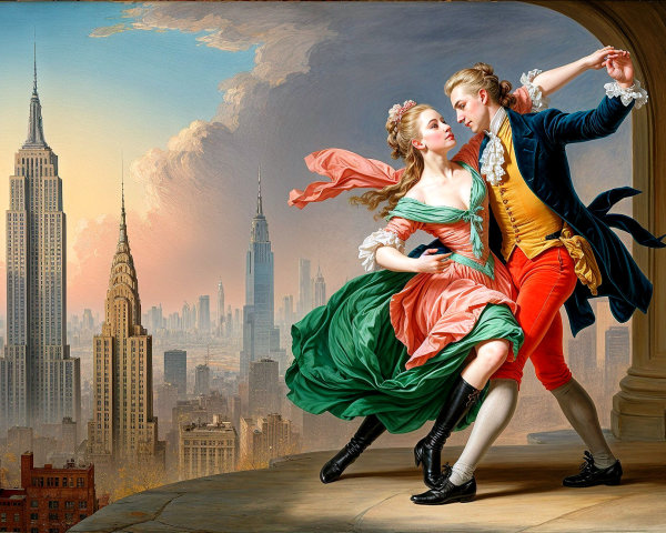 Couple in Period Costumes Against Iconic Skyline