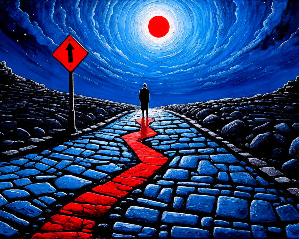 Solitary Figure on Winding Red Path in Surreal Landscape