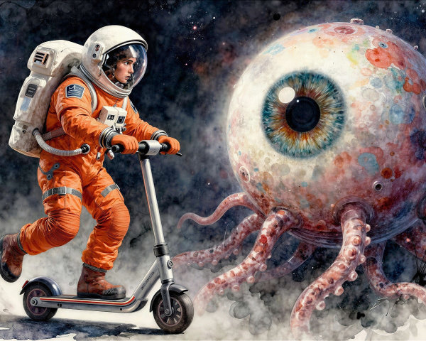 Astronaut with Scooter and Giant Eyeball in Space
