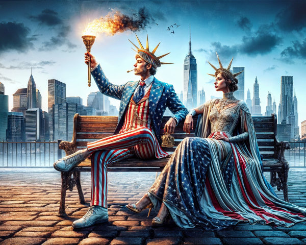 Patriotic Figures in Urban Setting with New York Skyline