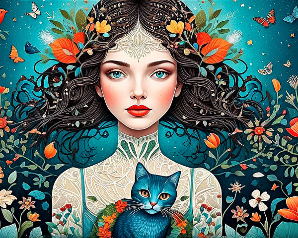 Serene Woman with Floral Hair and Blue Cat