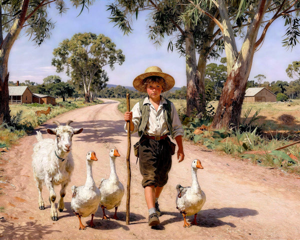 Young Boy Walking with Goat and Geese on Dirt Road