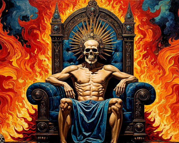 Skeletal Figure on Throne Surrounded by Flames and Skulls