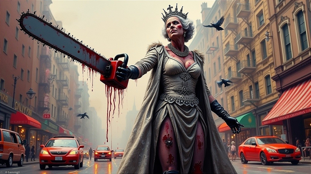 Regal Figure with Chainsaw in Surreal Urban Scene