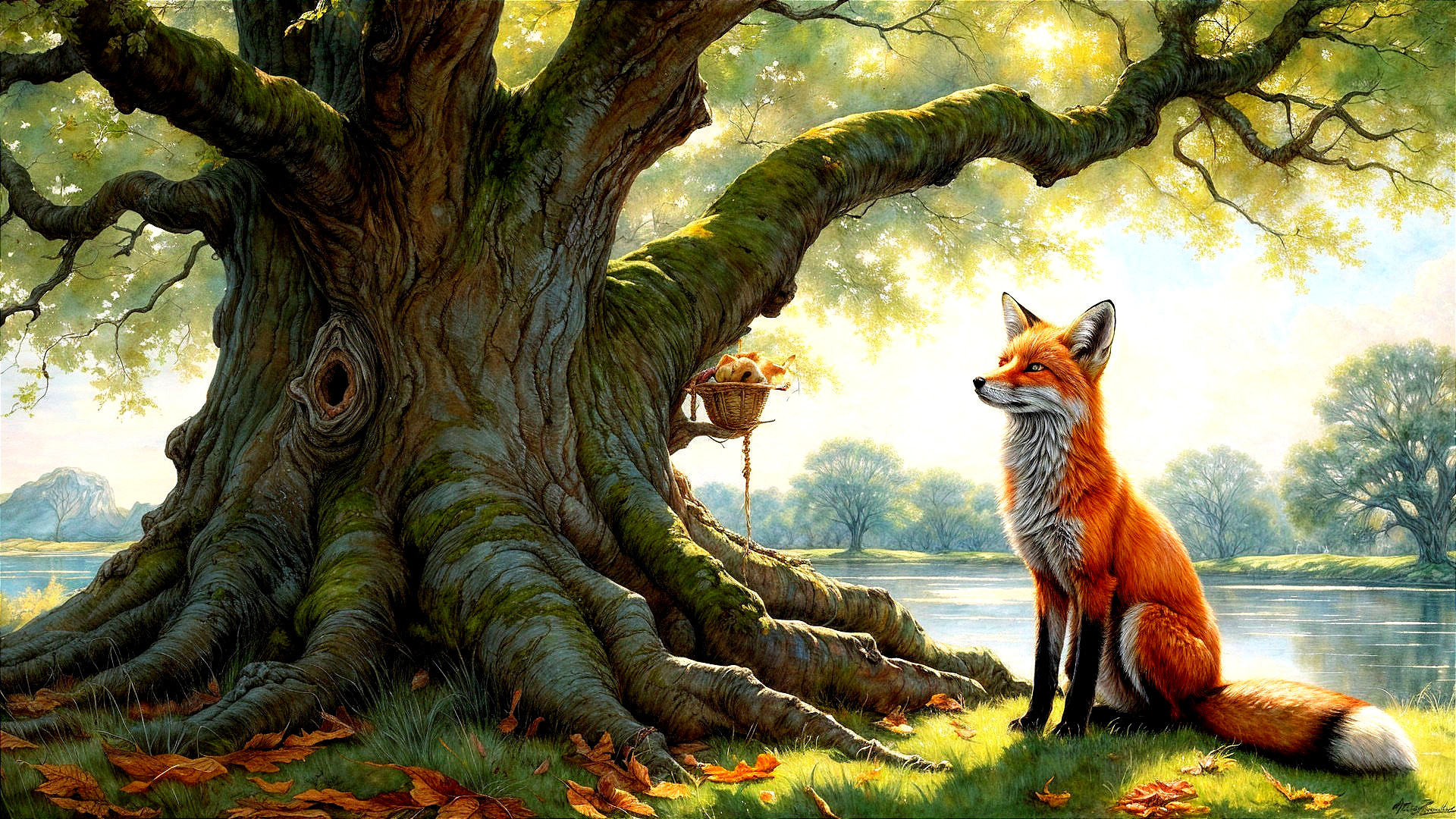 Majestic fox beside gnarled tree in serene landscape