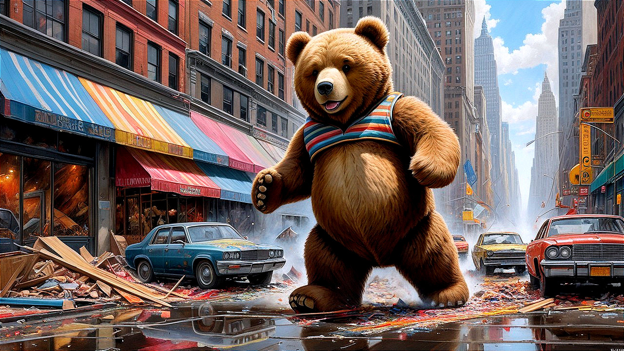 Giant Bear in Striped Shirt Walks Urban Street Scene