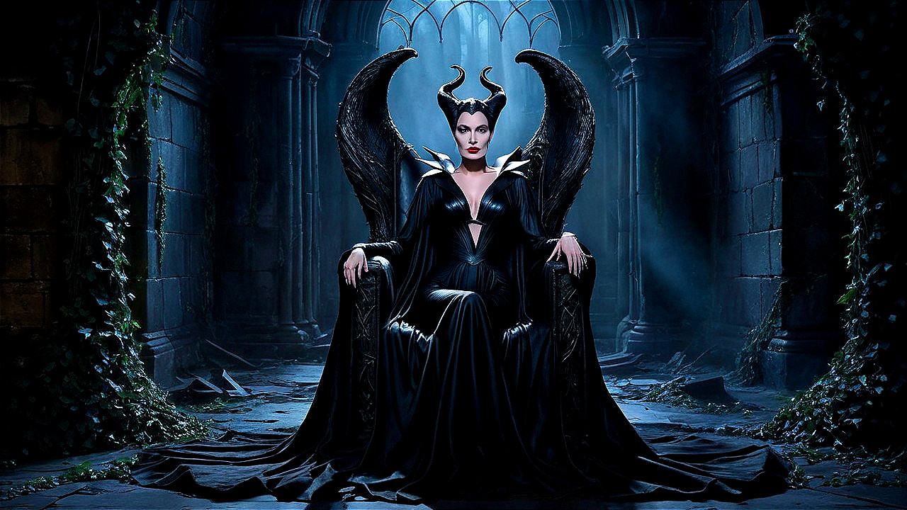 Figure in Black Gown on Ornate Throne in Gothic Setting
