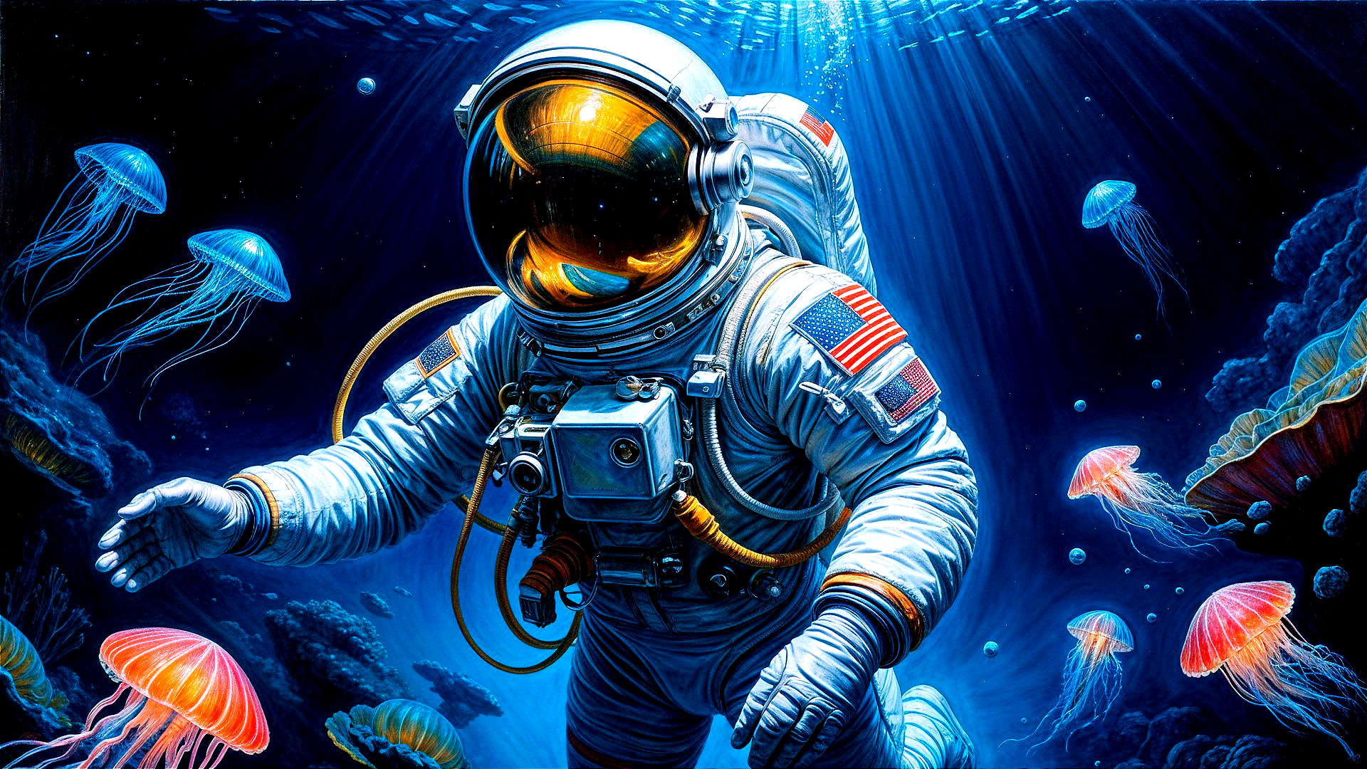 Astronaut in Space Suit Explores Vibrant Underwater Scene