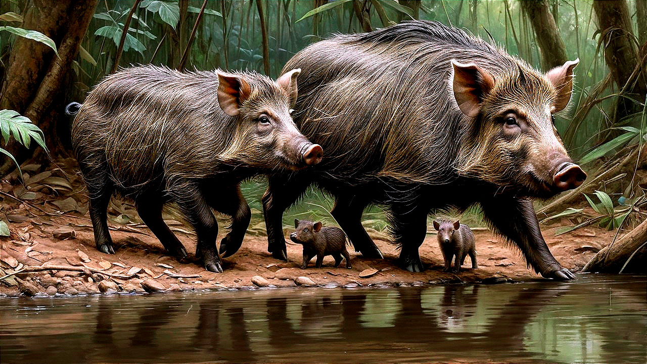 Wild Boars Family Near Water Source in Greenery