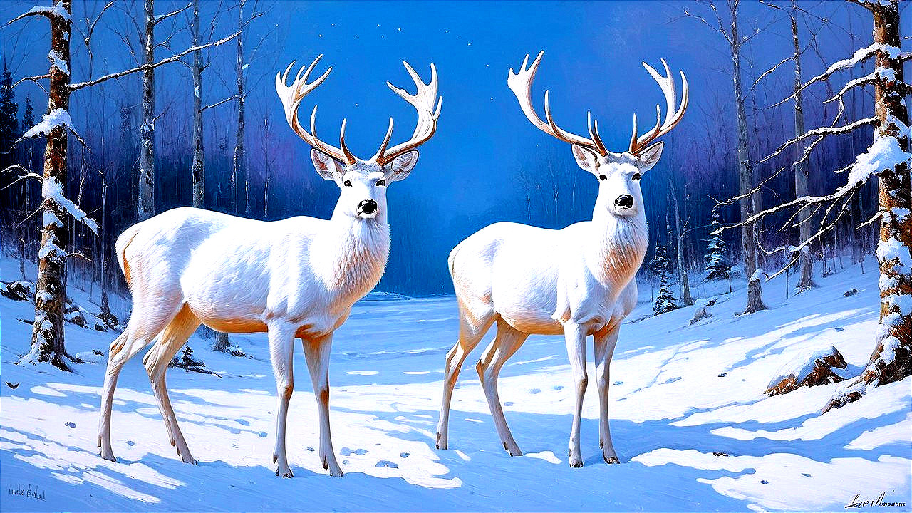 White Deer in Snowy Winter Landscape with Blue Sky
