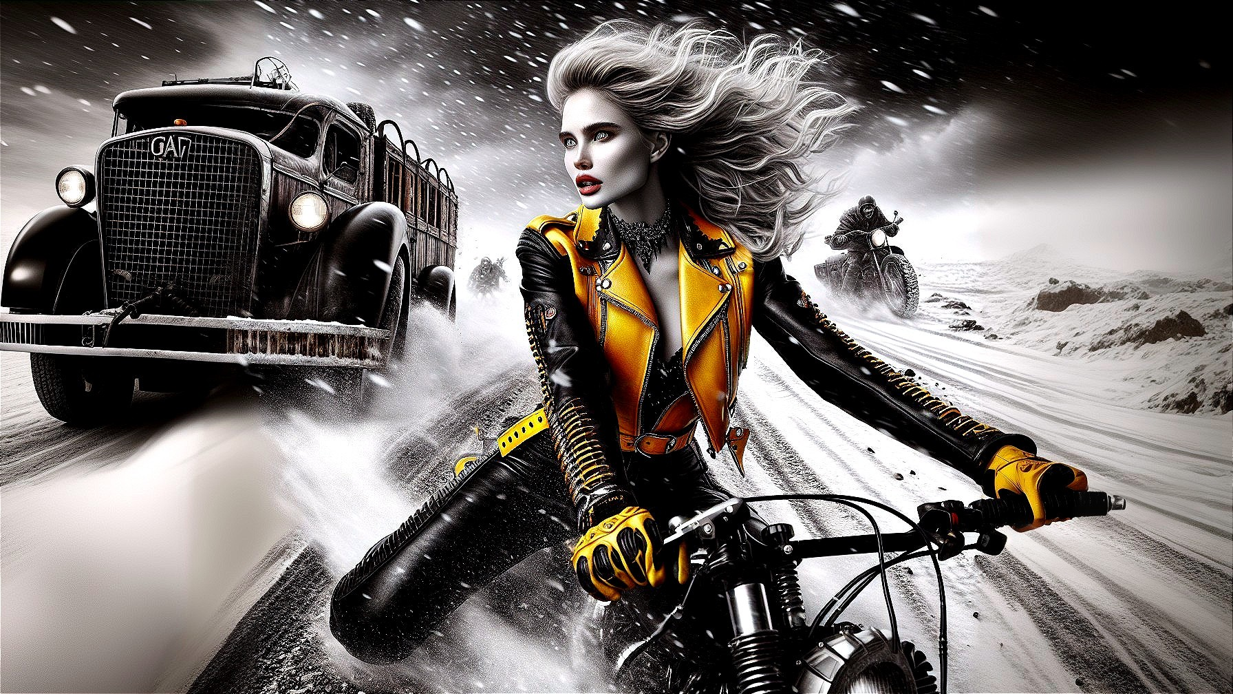 Woman on Motorcycle in Snowy Landscape with Adventure Elements
