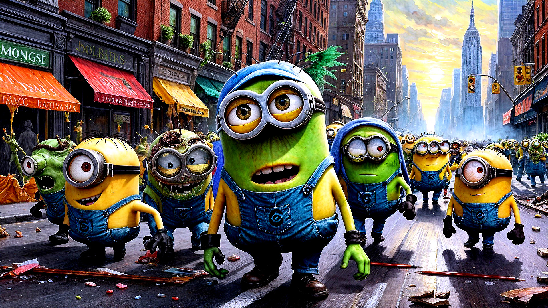 Vibrant Street Scene with Animated Yellow Characters