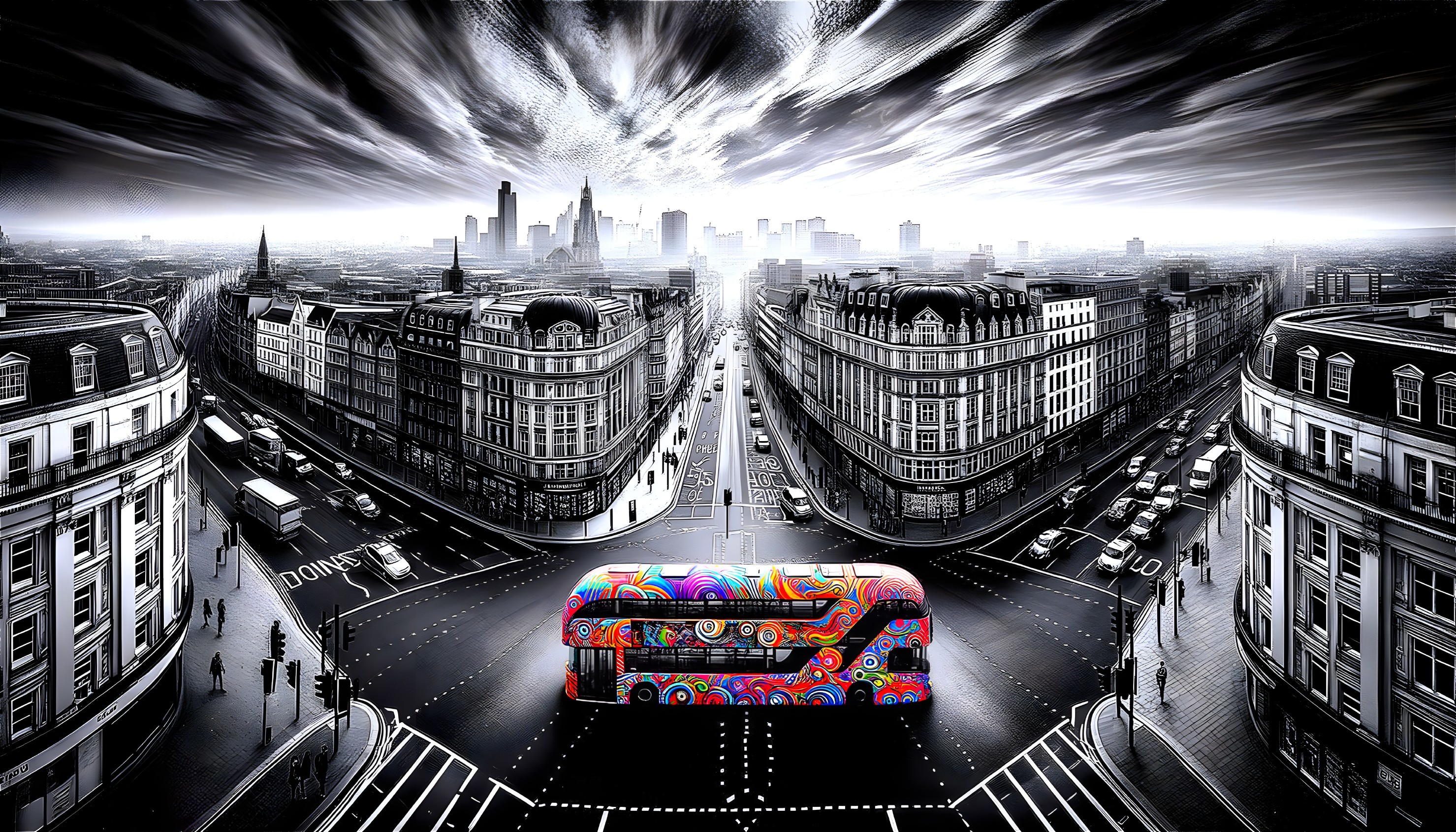Monochrome Cityscape with Colorful Bus and Clouds