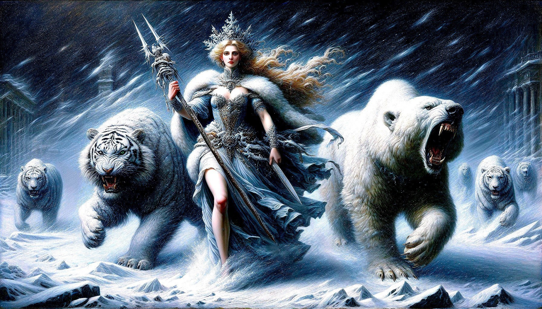 Queen in Shimmering Gown Amid Snowstorm and Wildlife