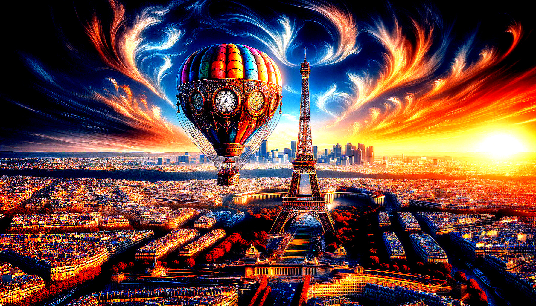 Surreal Hot Air Balloon Over Paris at Sunrise