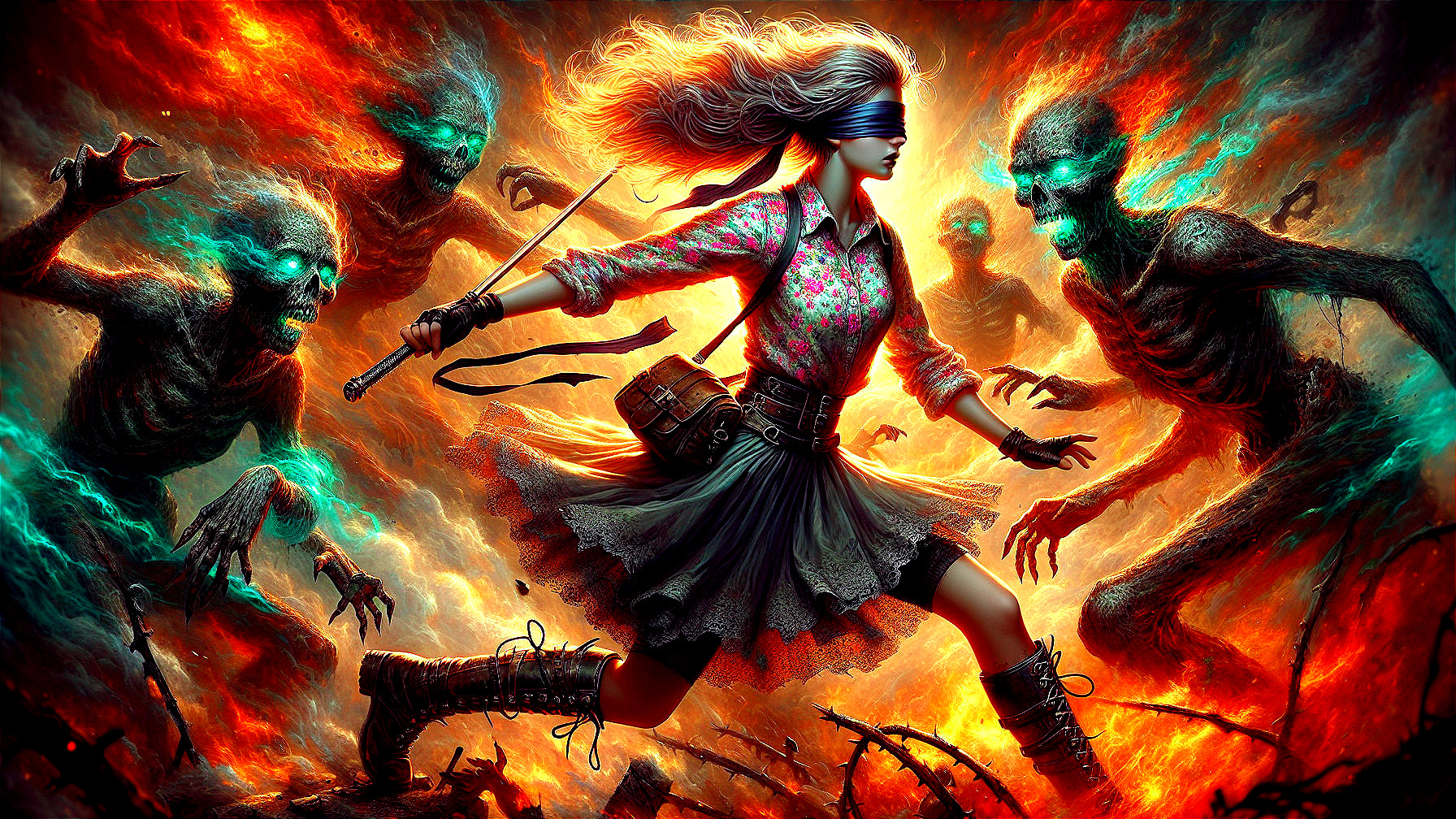 Determined Woman in Floral Shirt Faces Skeletal Figures