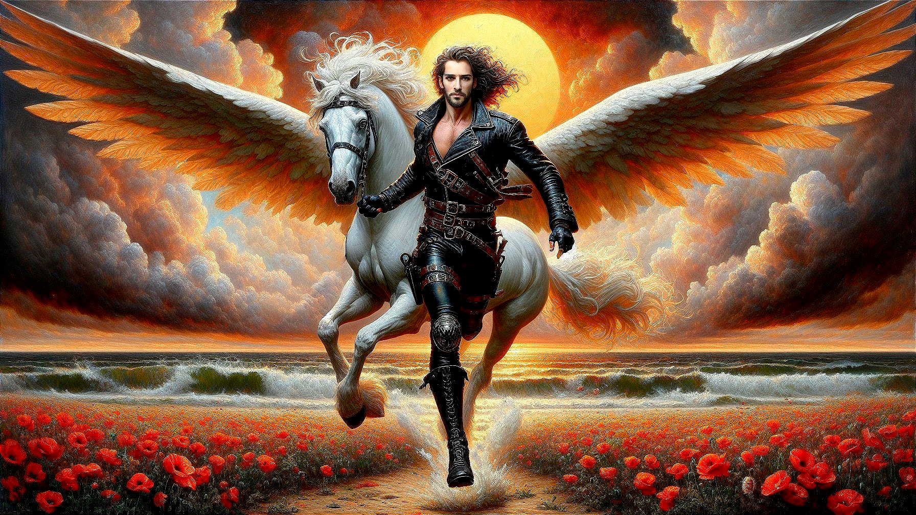 Heroic Figure on Winged Horse in Poppy Field