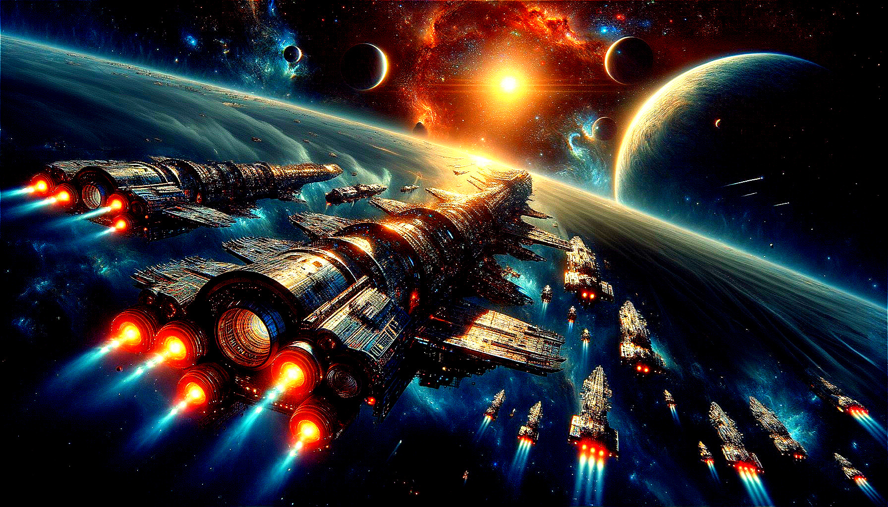 Futuristic Spaceships in a Vibrant Cosmic Landscape