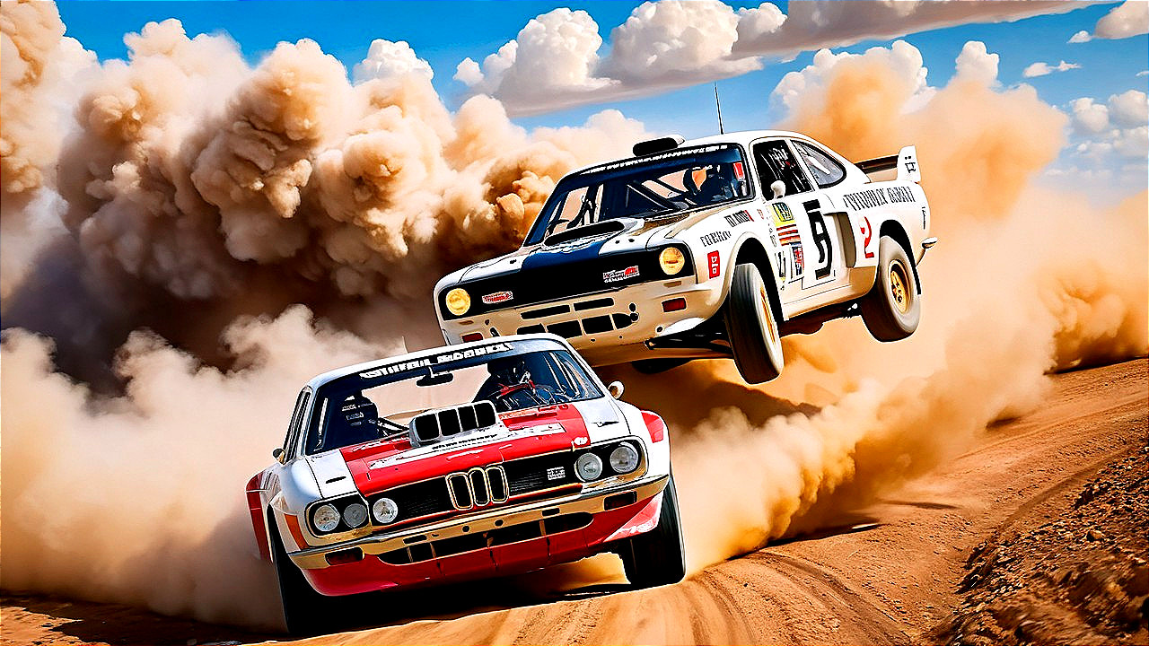 Racing Cars in Dusty Landscape with Airborne Action