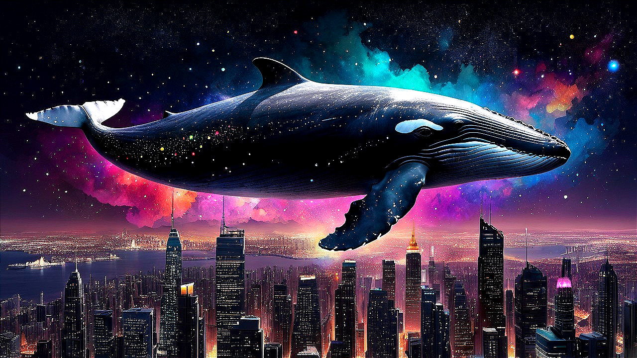 Whale in Cosmic Skyline with Vibrant City Below