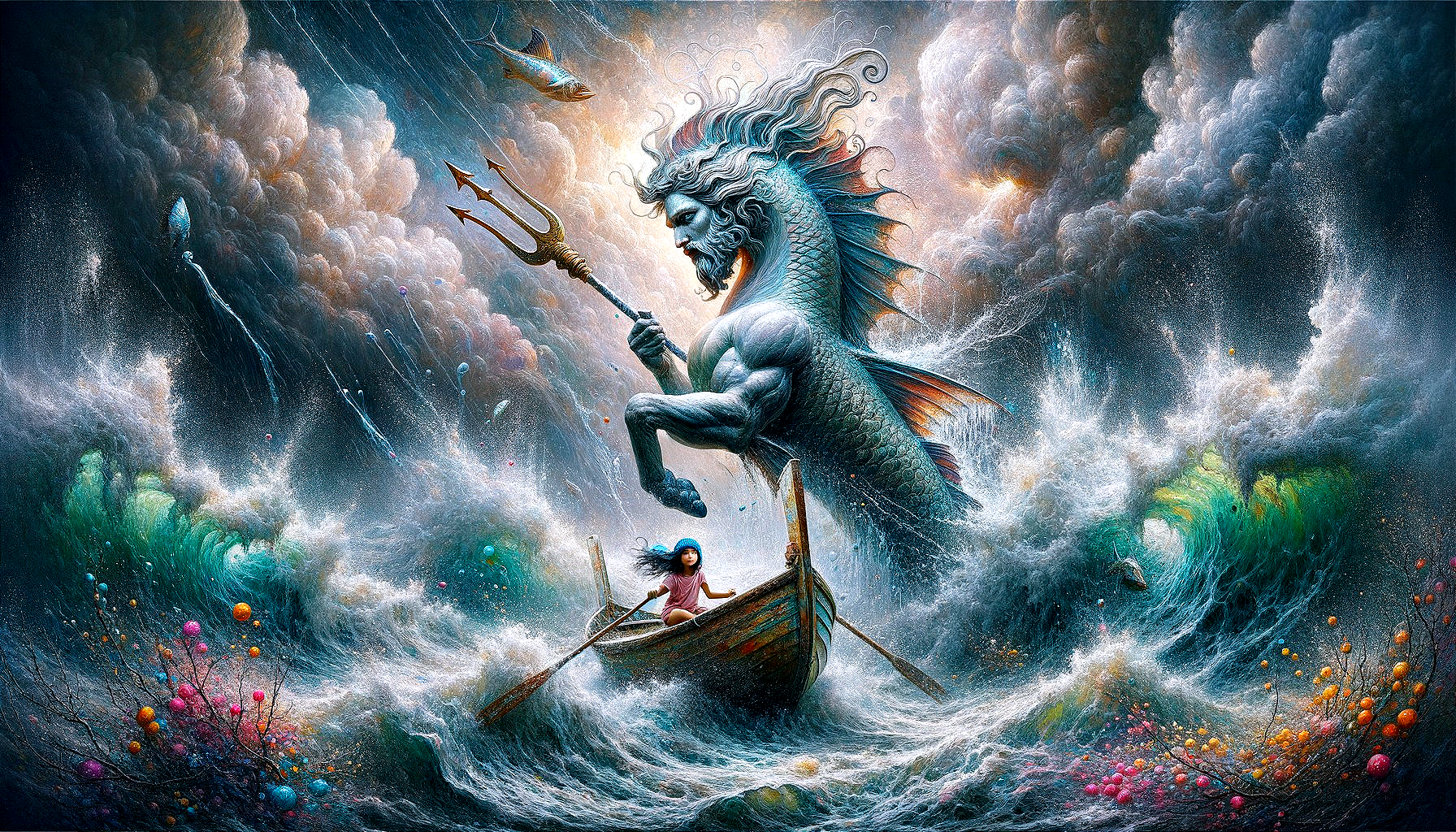 Majestic Merman Emerges from Ocean Waves with Trident