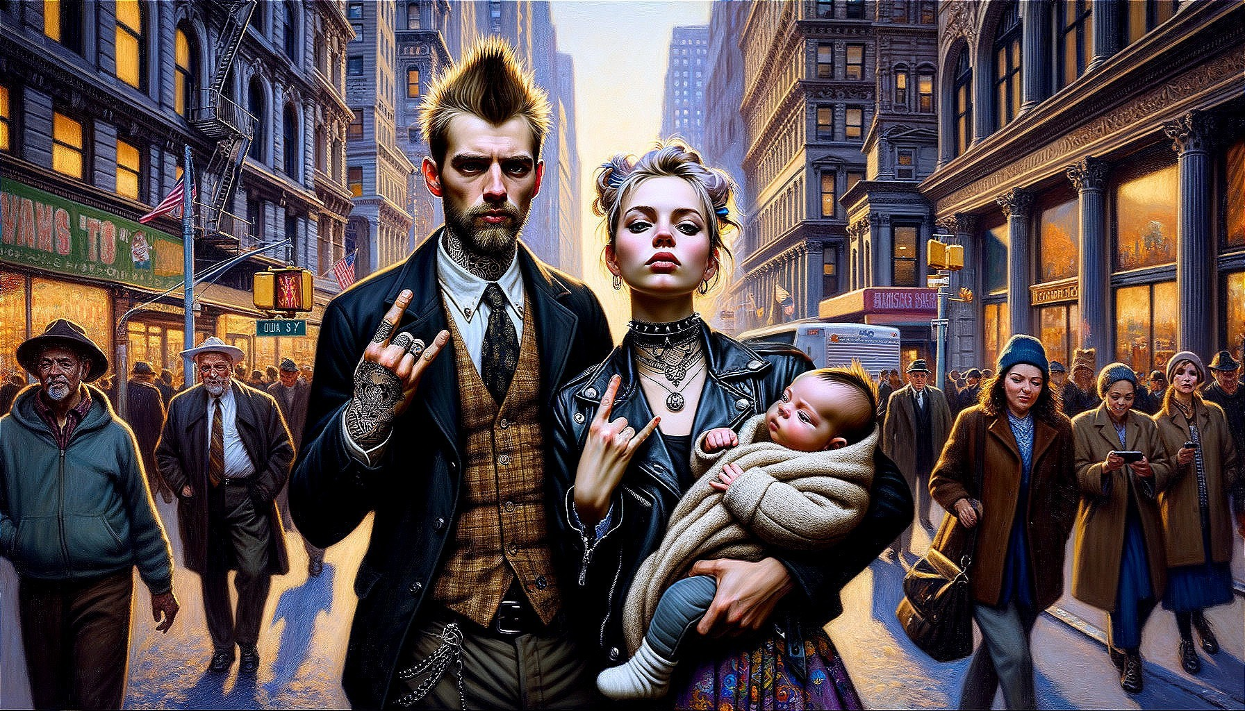 Punk Couple in Urban Street Scene with Baby