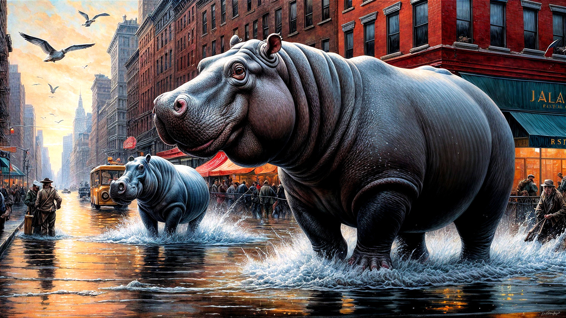 Hippos in City Street with Vintage Attire Observers