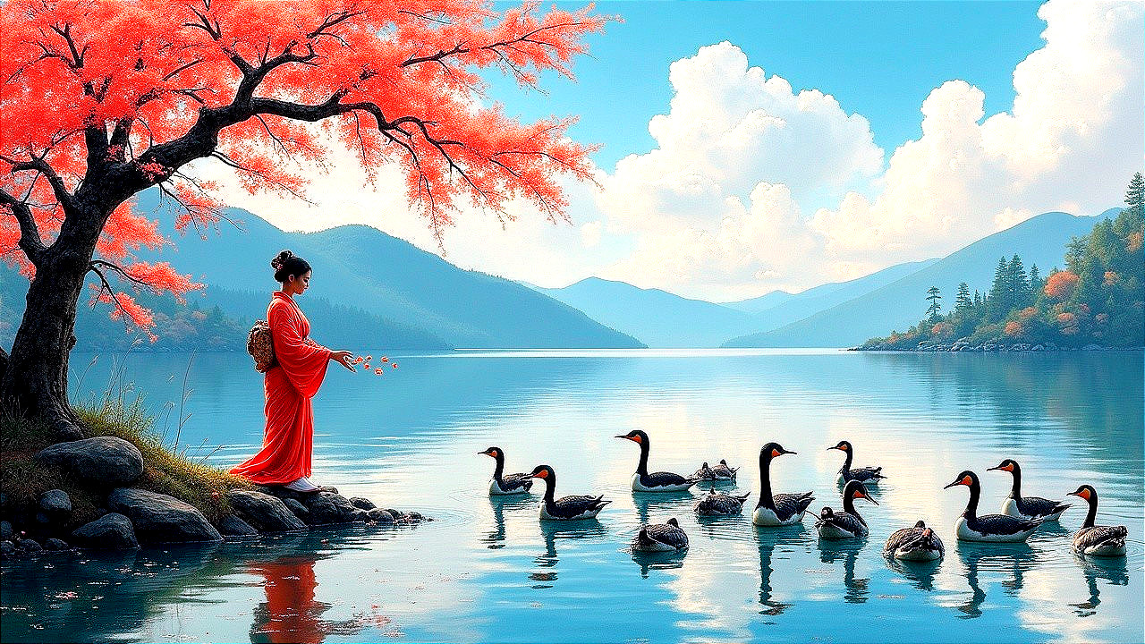 Serene Lakeside Scene with Cherry Blossoms and Ducks