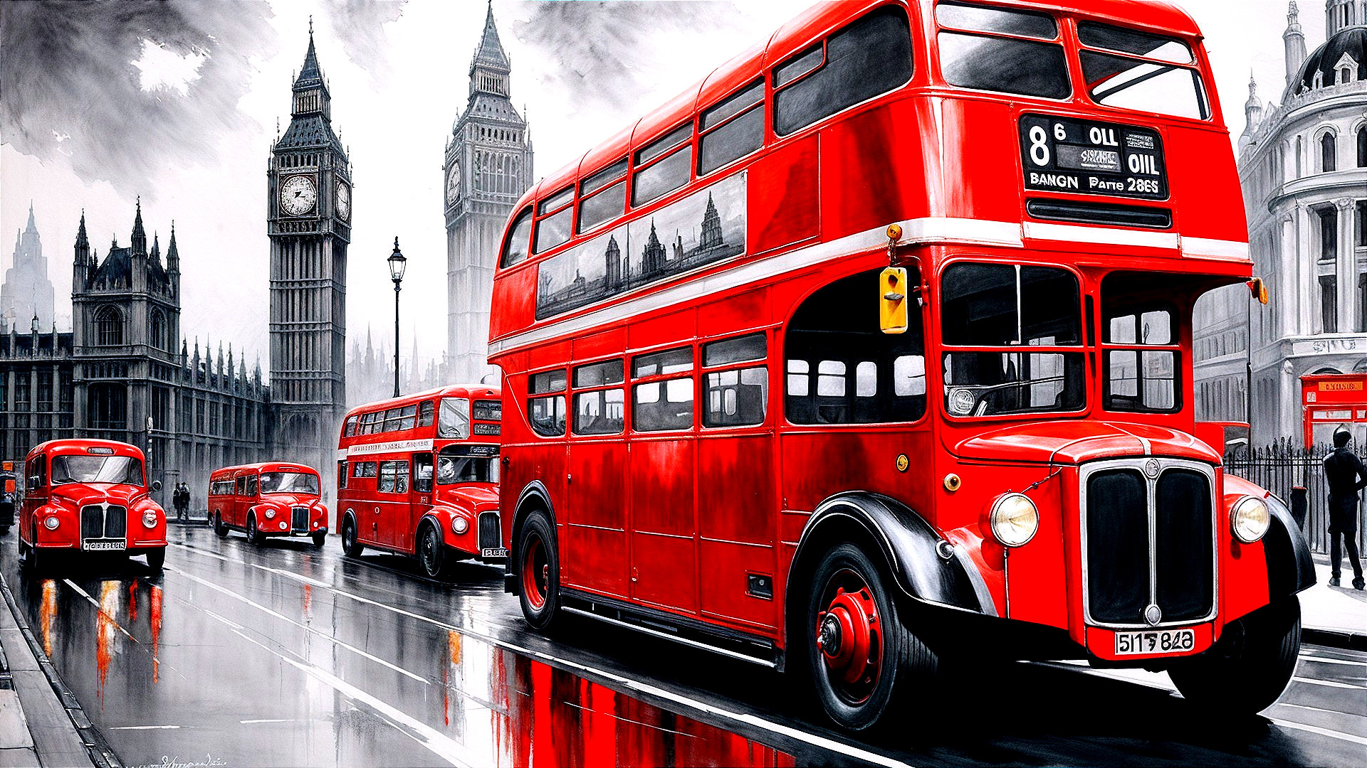 London Street Scene with Red Buses and Big Ben