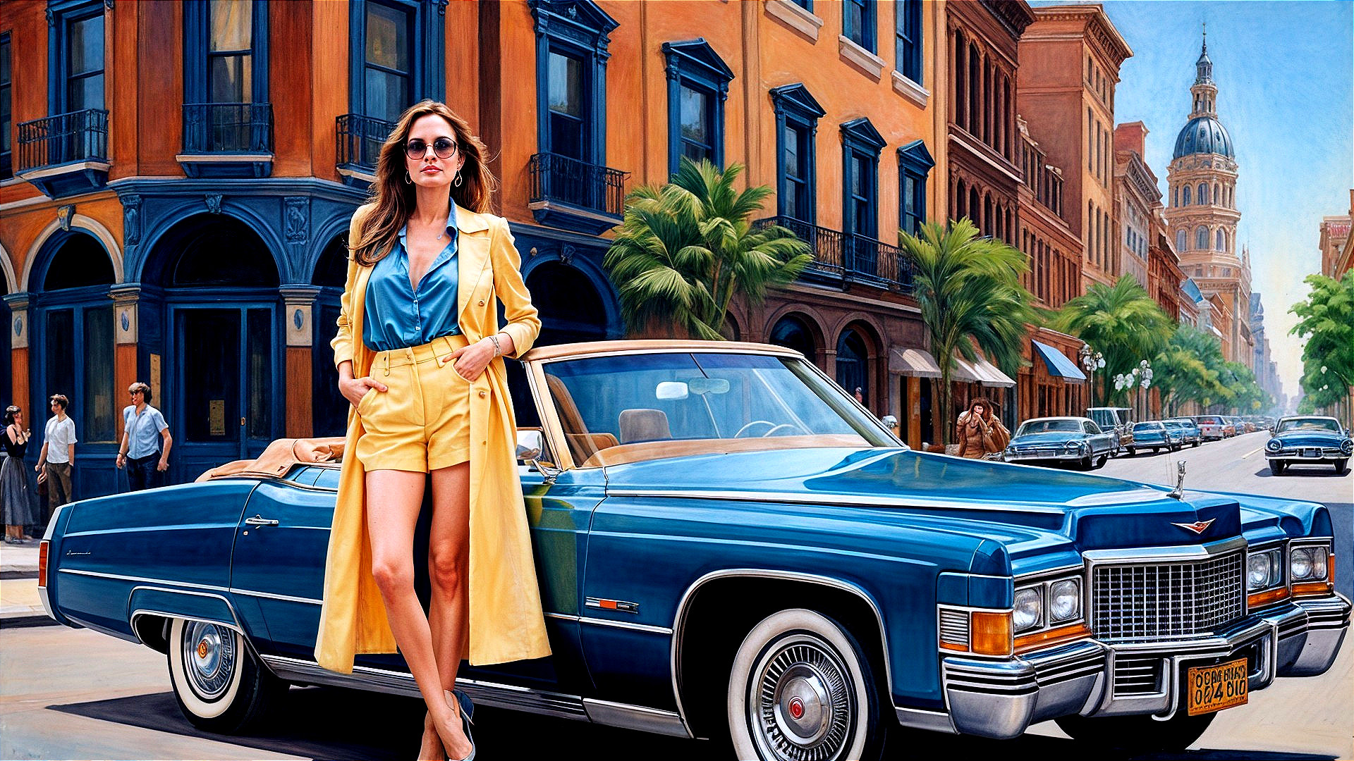 Glamorous Woman by Vintage Blue Convertible in City