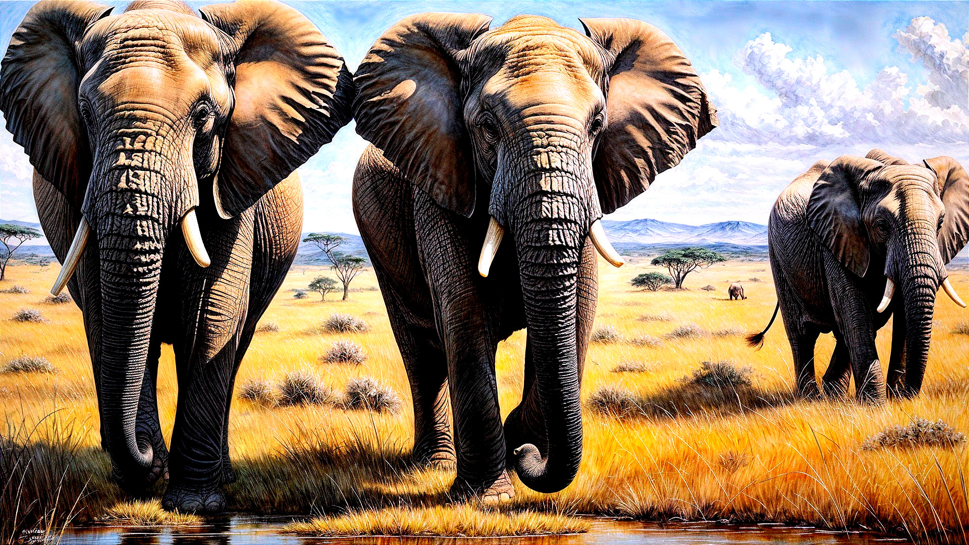Trio of Elephants in Sunlit African Savannah