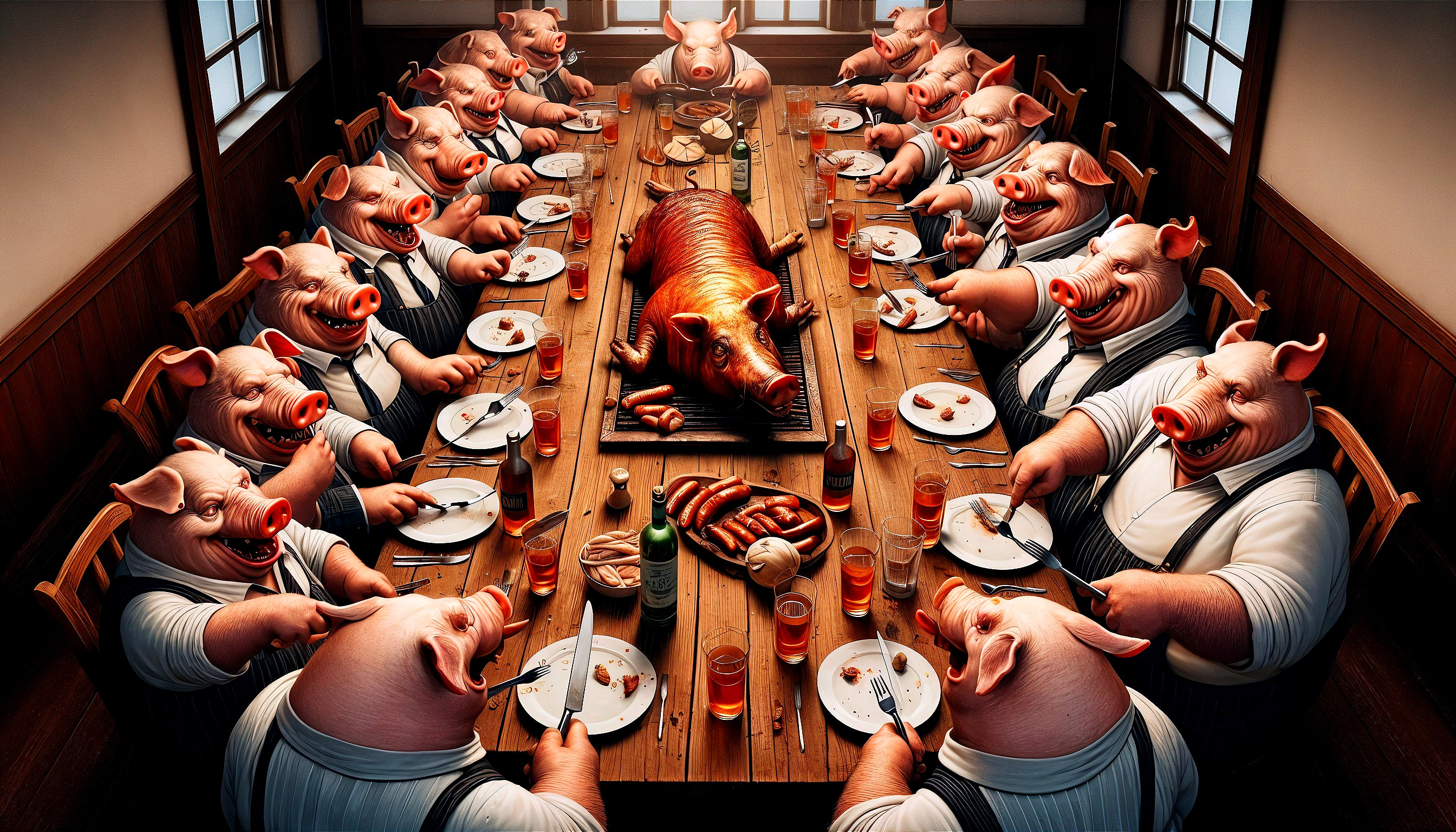 Whimsical Dinner Scene with Anthropomorphic Pigs